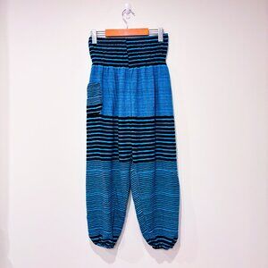 LOFBAZ Black & Blue Striped Harem Pants | Boho Lightweight Viscose | Large *
